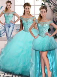 Aqua Blue Sleeveless Beading and Ruffles Lace Up Quince Ball Gowns