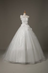 Exquisite White Tulle Lace Up Bridal Gown Sleeveless Brush Train Beading and Lace and Hand Made Flower