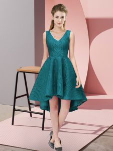 Best Selling A-line Bridesmaids Dress Teal V-neck Lace Sleeveless High Low Zipper
