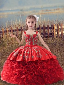 Trendy Red Sleeveless Sweep Train Embroidery Pageant Dress