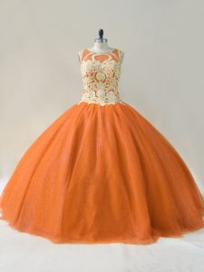 Chic Orange Lace Up Scoop Beading and Appliques Quinceanera Gowns Tulle Sleeveless