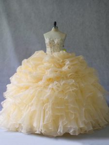 Simple Gold Strapless Neckline Beading and Ruffles and Pick Ups Vestidos de Quinceanera Sleeveless Lace Up