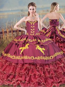 Eye-catching Burgundy Lace Up Quince Ball Gowns Embroidery and Ruffled Layers Sleeveless Brush Train