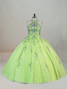 Yellow Green Halter Top Neckline Embroidery Sweet 16 Dress Sleeveless Lace Up
