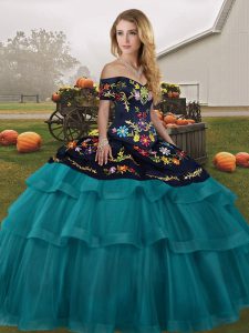 Teal Off The Shoulder Neckline Embroidery and Ruffled Layers Sweet 16 Dresses Sleeveless Lace Up