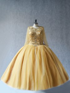 Gold Sweet 16 Dress Sweet 16 and Quinceanera with Beading Scoop Sleeveless Lace Up