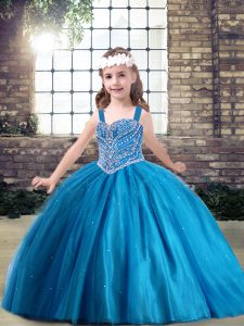 New Arrival Floor Length Lace Up Pageant Gowns For Girls Blue for Party and Sweet 16 and Wedding Party with Beading