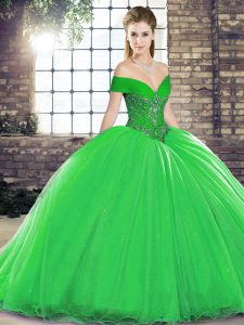 Fashionable Sleeveless Beading Lace Up Ball Gown Prom Dress with Green Brush Train