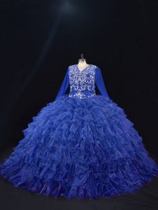 Floor Length Ball Gowns Long Sleeves Royal Blue 15 Quinceanera Dress Lace Up