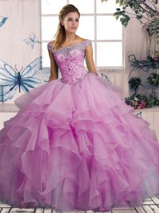 Lilac Off The Shoulder Neckline Beading and Ruffles Ball Gown Prom Dress Sleeveless Lace Up