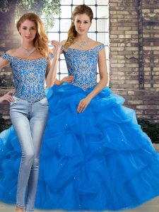 Blue Two Pieces Off The Shoulder Sleeveless Tulle Brush Train Lace Up Beading and Pick Ups Ball Gown Prom Dress