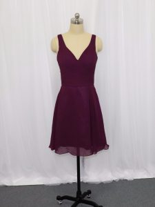 Perfect Mini Length Dark Purple Prom Evening Gown V-neck Sleeveless Zipper