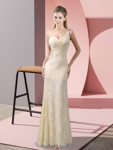 Suitable Champagne Evening Dresses Prom and Party with Beading and Lace One Shoulder Sleeveless Criss Cross