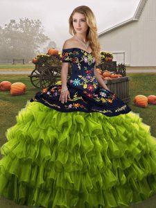 Delicate Olive Green Lace Up Off The Shoulder Embroidery and Ruffled Layers 15th Birthday Dress Organza Sleeveless