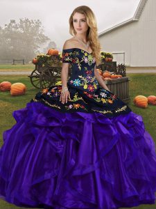 Pretty Black And Purple Lace Up Quinceanera Gowns Embroidery and Ruffles Sleeveless Floor Length