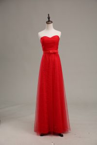 On Sale Red Sleeveless Ruching and Belt Floor Length Evening Dress