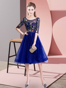 Spectacular Blue Empire Embroidery Dama Dress Lace Up Tulle Half Sleeves Knee Length