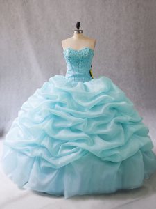 Fitting Aqua Blue Sleeveless Organza Lace Up Quince Ball Gowns for Sweet 16 and Quinceanera