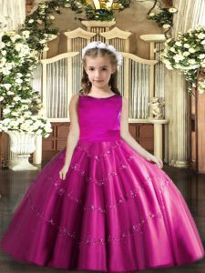 Fuchsia Lace Up Scoop Beading Pageant Gowns For Girls Tulle Sleeveless