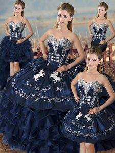 Navy Blue Sweetheart Lace Up Embroidery and Ruffles Sweet 16 Dresses Sleeveless