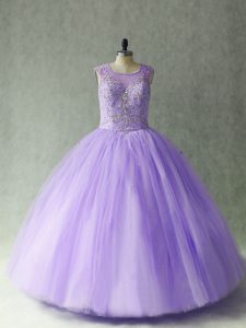 Custom Fit Sleeveless Floor Length Beading Lace Up Sweet 16 Dress with Lavender