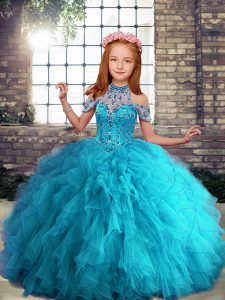 Aqua Blue Ball Gowns Tulle Halter Top Sleeveless Beading and Ruffles Floor Length Lace Up Kids Formal Wear