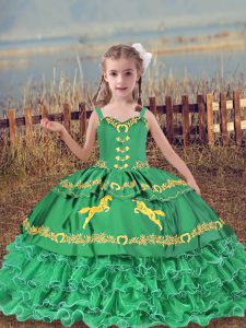 Pretty Beading and Embroidery and Ruffled Layers Little Girls Pageant Dress Turquoise Lace Up Sleeveless Floor Length