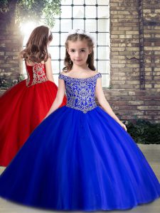 Stunning Royal Blue Tulle Lace Up Off The Shoulder Sleeveless Floor Length Little Girls Pageant Dress Beading