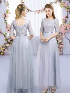 Lovely Scoop Half Sleeves Bridesmaid Gown Floor Length Lace and Belt Grey Tulle