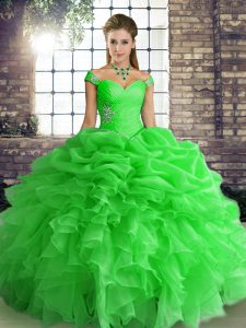 Customized Green Off The Shoulder Neckline Beading and Ruffles and Pick Ups Sweet 16 Dresses Sleeveless Lace Up