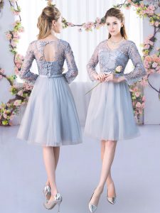 Fabulous Grey Long Sleeves Knee Length Lace and Belt Lace Up Court Dresses for Sweet 16