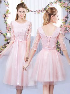 Baby Pink Empire Tulle Scoop Half Sleeves Lace and Belt Tea Length Lace Up Wedding Guest Dresses