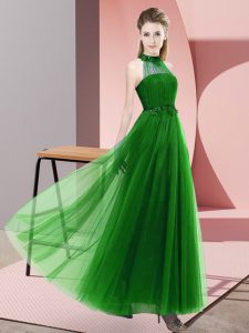 Green Empire Tulle Halter Top Sleeveless Beading and Appliques Floor Length Lace Up Quinceanera Dama Dress