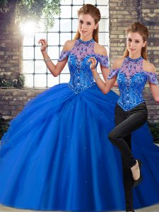 Discount Beading and Pick Ups Ball Gown Prom Dress Blue Lace Up Sleeveless Brush Train