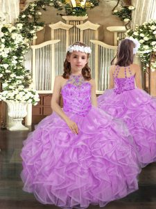 Sleeveless Organza Floor Length Lace Up Child Pageant Dress in Lilac with Beading and Ruffles
