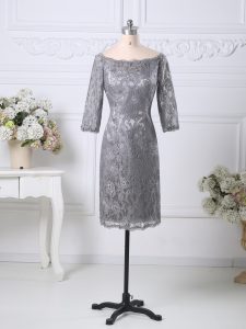 Grey Column/Sheath Lace Prom Gown Zipper Lace Half Sleeves Knee Length