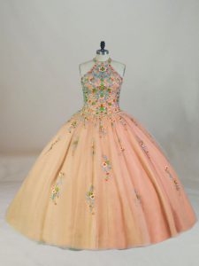 Fitting Peach Sleeveless Appliques and Embroidery Lace Up Quinceanera Dress