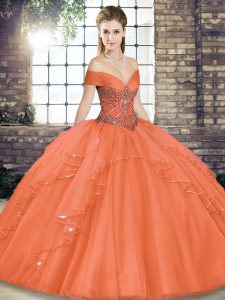 Orange Red Ball Gowns Off The Shoulder Sleeveless Tulle Floor Length Lace Up Beading and Ruffles Quinceanera Gowns