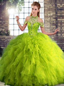 Custom Made Olive Green Halter Top Neckline Beading and Ruffles Quince Ball Gowns Sleeveless Lace Up