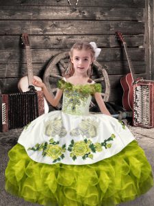 Floor Length Lace Up Child Pageant Dress Olive Green for Wedding Party with Beading and Embroidery and Ruffles