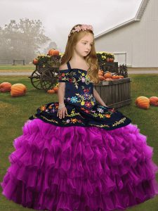 Fuchsia Straps Neckline Embroidery and Ruffled Layers Little Girls Pageant Gowns Sleeveless Lace Up