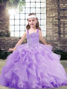 Lavender Ball Gowns Organza Straps Sleeveless Beading and Ruffles Floor Length Lace Up Little Girls Pageant Dress