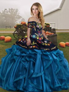 Sumptuous Blue And Black Lace Up Off The Shoulder Embroidery and Ruffles Sweet 16 Dress Organza Sleeveless
