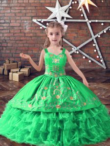 Dramatic Sleeveless Floor Length Embroidery and Ruffled Layers Lace Up Kids Pageant Dress with Green