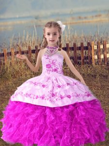 Lilac Lace Up Halter Top Beading and Embroidery and Ruffles Child Pageant Dress Organza Sleeveless