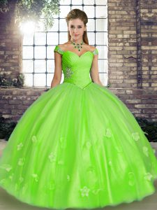 Suitable Tulle Lace Up Off The Shoulder Sleeveless Floor Length Quinceanera Dresses Beading and Appliques