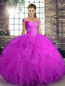 Fuchsia Ball Gowns Tulle Off The Shoulder Sleeveless Beading and Ruffles Floor Length Lace Up Sweet 16 Quinceanera Dress