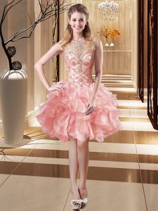 Gorgeous Pink Prom Dress Prom and Party with Beading and Ruffles Scoop Sleeveless Lace Up