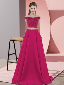 Romantic Sleeveless Elastic Woven Satin Sweep Train Backless Pageant Dress for Teens in Hot Pink with Beading