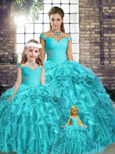 Fitting Beading and Ruffles Quince Ball Gowns Aqua Blue Lace Up Sleeveless Brush Train